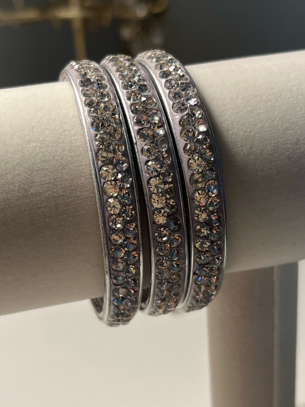Rhinestone-Embellished Silver Tone Triple Bangle Bracelet